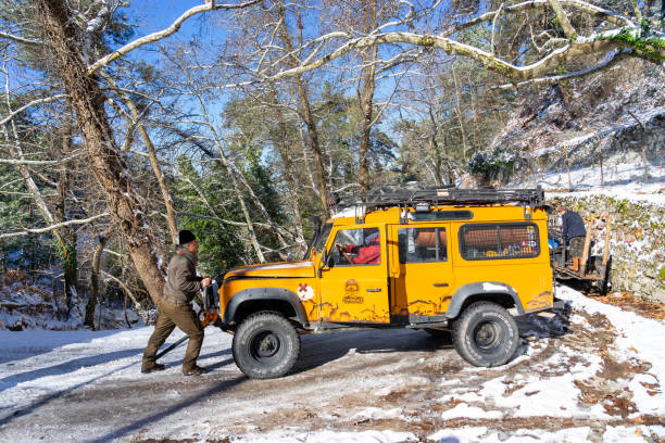 January 18, 2021 Izmir, Turkey: Land Rover Defender 110 on the background of the winter forest