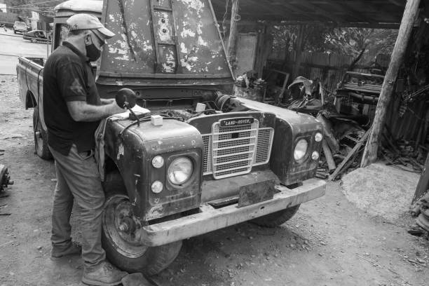March 17, 2021 San Jose De Ocoa, Dominican Republic. front end of a land rover being rebuilt and restored ready for paint and body work.